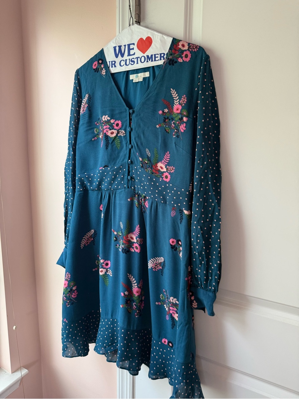Boden Teal Floral Button-Front Long-Sleeve Mini Dress with Pink Accents